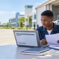 Prospective Nigerian aviation student completing an NCAT admission application at an aviation training campus