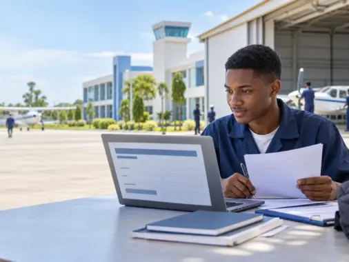 Prospective Nigerian aviation student completing an NCAT admission application at an aviation training campus
