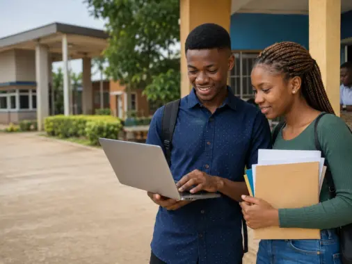 Nigerian students reviewing admission documents on a laptop outside a polytechnic campus