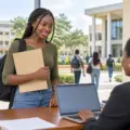 Nigerian university applicant reviewing an admission screening form at a campus admissions desk
