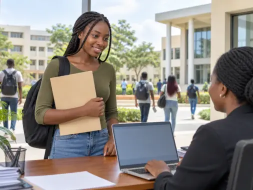 Nigerian university applicant reviewing an admission screening form at a campus admissions desk