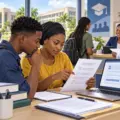 Nigerian university applicants reviewing an admission screening checklist beside an online application portal