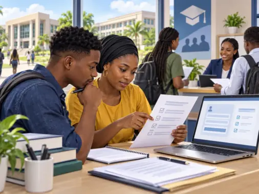 Nigerian university applicants reviewing an admission screening checklist beside an online application portal