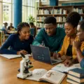 Nigerian university students studying science and technology subjects together in a campus library