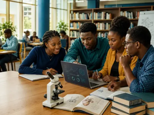 Nigerian university students studying science and technology subjects together in a campus library