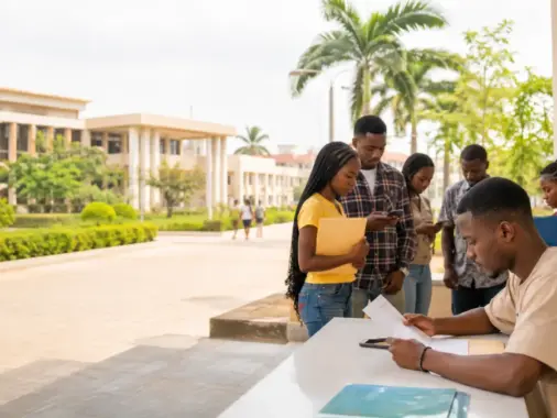 Nigerian university applicants reviewing admission screening documents on campus