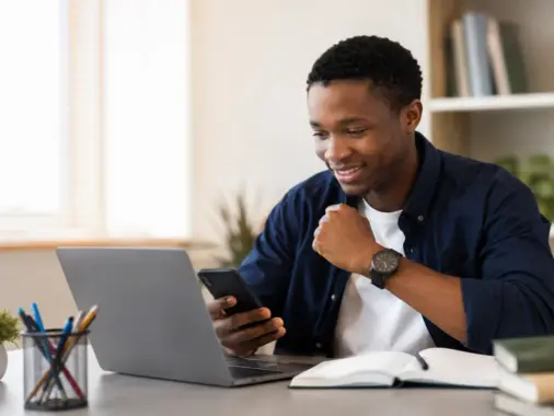 Nigerian university applicant checking an online admission status on a laptop and phone