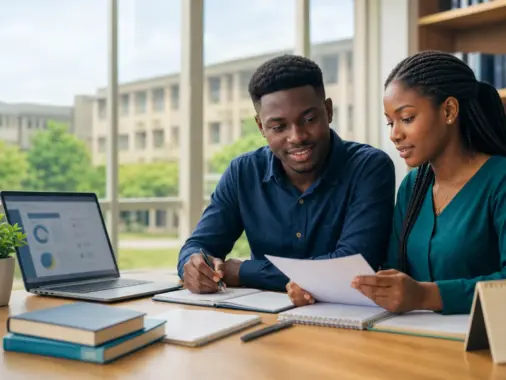 Nigerian students reviewing university foundation programme application materials in a study room