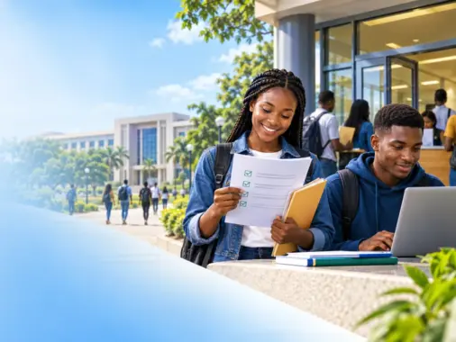 Students preparing documents and checking a university admission portal for fourth-batch screening
