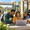 Nigerian university applicants checking an undergraduate admission screening portal on a campus