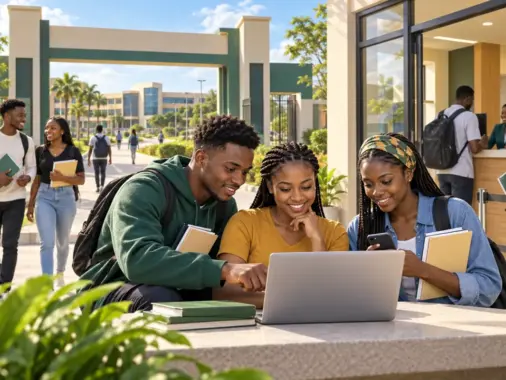 Nigerian university applicants checking an undergraduate admission screening portal on a campus