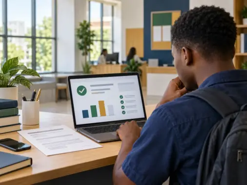 A Nigerian university candidate checking a generic post-UTME screening result dashboard on a laptop