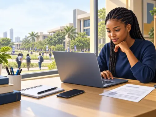 Nigerian university Direct Entry applicant completing an online admissions application on a laptop