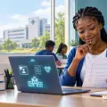 Nigerian student reviewing a health information management admission checklist on a laptop in a training classroom