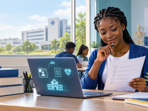 Nigerian student reviewing a health information management admission checklist on a laptop in a training classroom