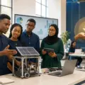 Nigerian university student entrepreneurs presenting a STEM prototype in a campus innovation hub