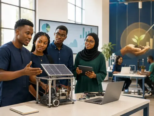 Nigerian university student entrepreneurs presenting a STEM prototype in a campus innovation hub