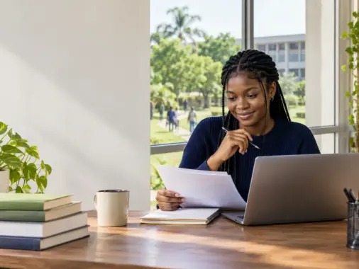 Nigerian undergraduate student preparing an online scholarship application at a university study desk
