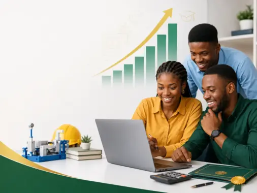 Nigerian technical examination candidates checking results on a laptop beside technical education materials