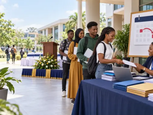 Illustration of Nigerian university freshmen completing registration before a rescheduled matriculation ceremony